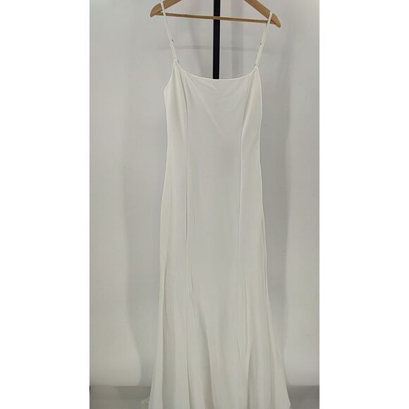 Blessed Romance White Sleeveless Button Back Mermaid Maxi Dress w/ Chapel Train - Picture 5 of 6